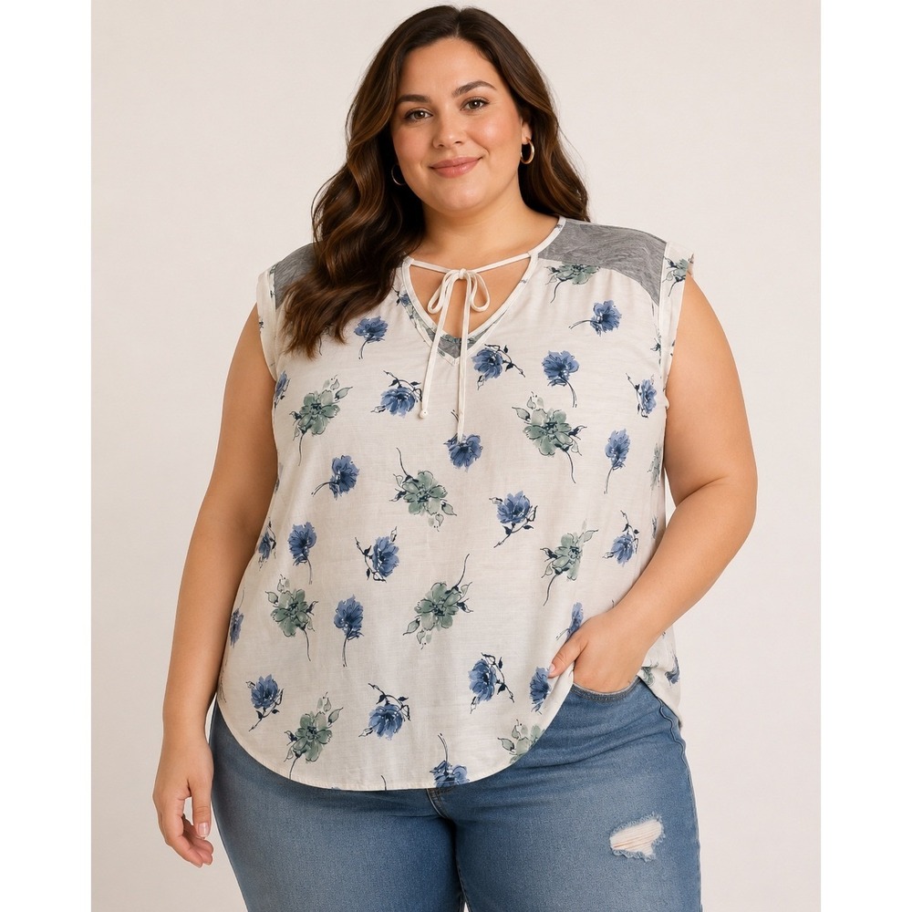 Fortune + Ivy Blouse XXL Floral V-Neck  Mixed Media Sleeveless Boho Cottagecore